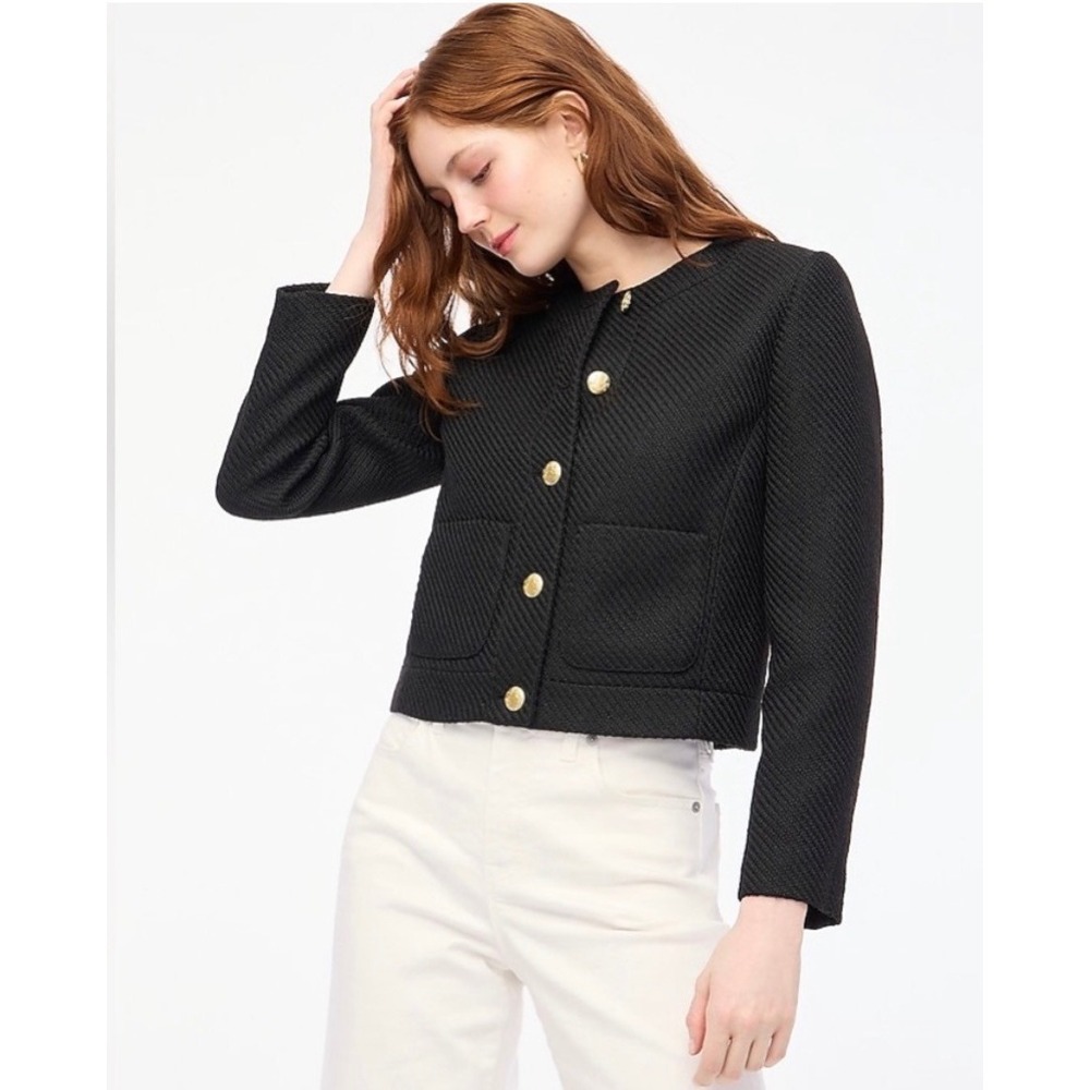 J.Crew Black Chevron Textured Lady Jacket Gold Button Cropped Blazer Womens 4